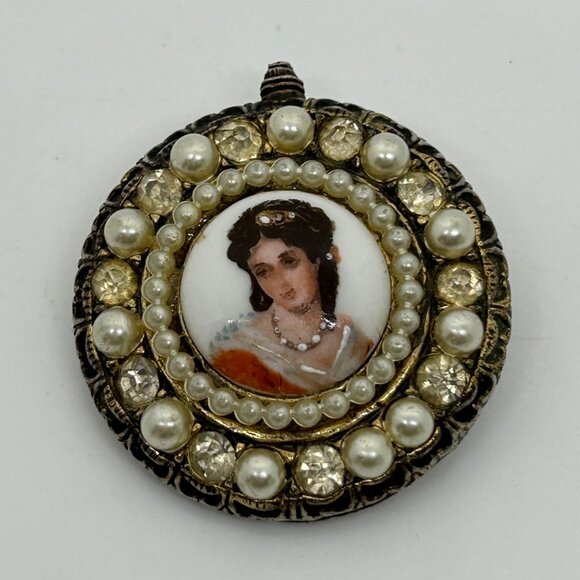 Vintage Limoges Porcelain Cameo Brooch Faux Pearls Rhinestones Hand Painted READ - Picture 4 of 16